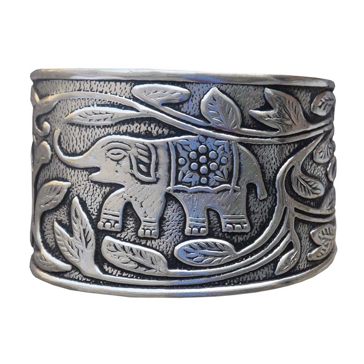 Wholesale Cuff Bracelets – Cast in Brass – Open-End Design – Engraved Elephant & Leafy Motifs – Antique Silver Color Finish – Wrist Jewelry 